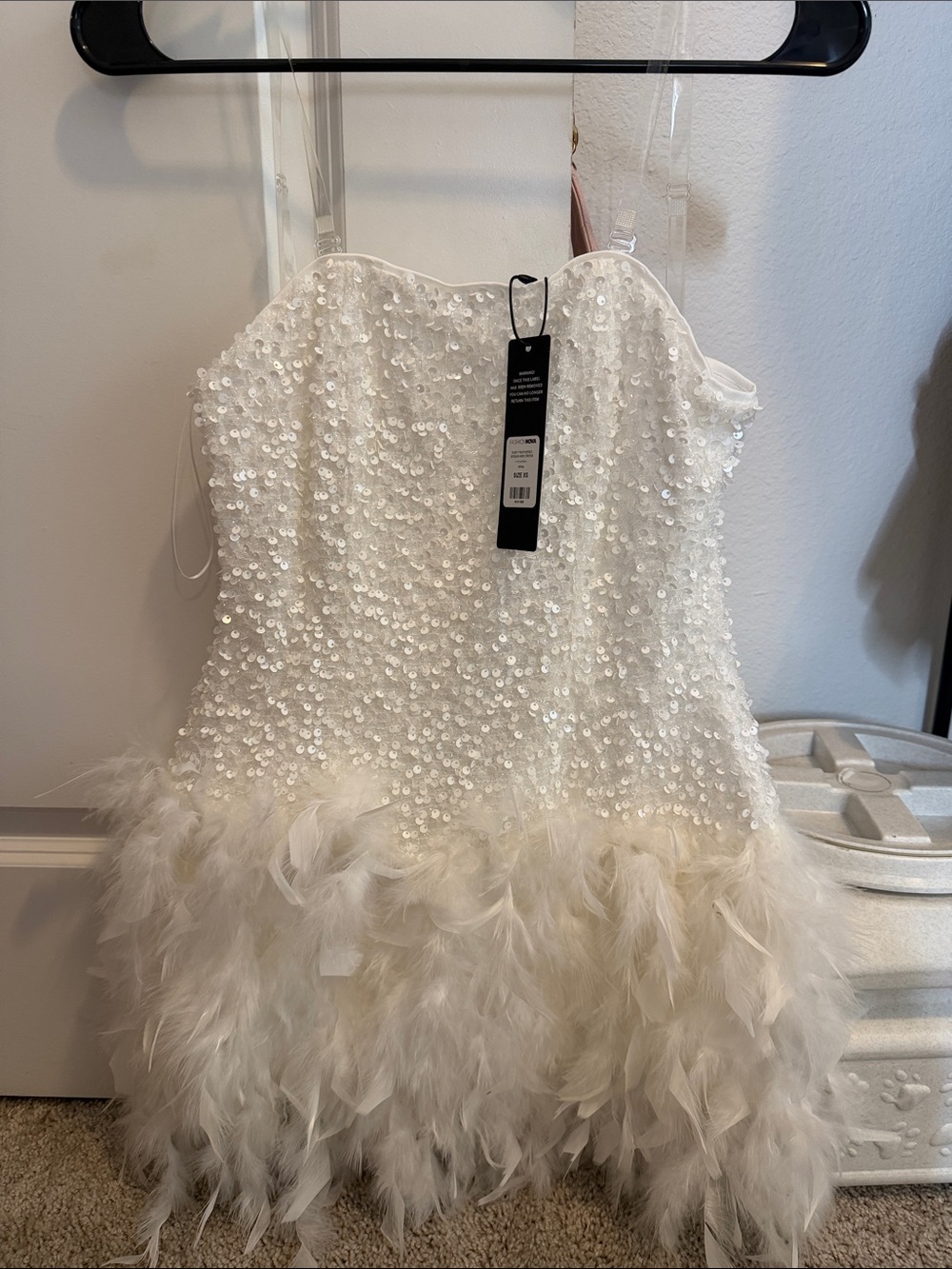 Fashion Nova White Sequin & Feather Mini Dress